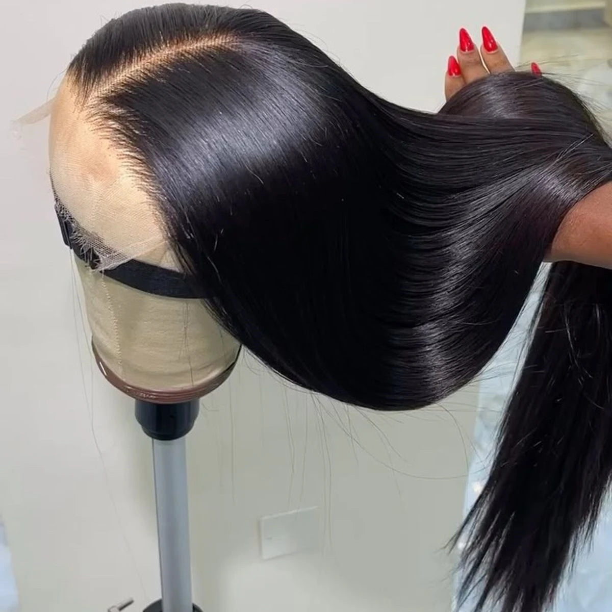 Bone Straight Lace Frontal Wig Glueless Invisi-Drawstring Black Human Hair