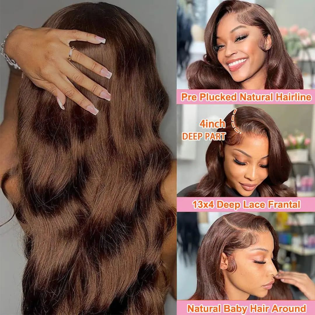 Body Wave Chocolate Brown Lace Front Wigs Human Hair Pre Plucked Brazilian Glueless