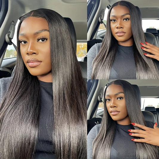 Bone Straight Lace Frontal Wig Glueless Invisi-Drawstring Black Human Hair